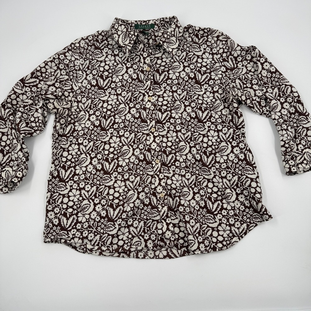 Lauren Ralph Lauren Button‎ Down Shirt Womens XL Brown Floral Cotton Long Sleeve